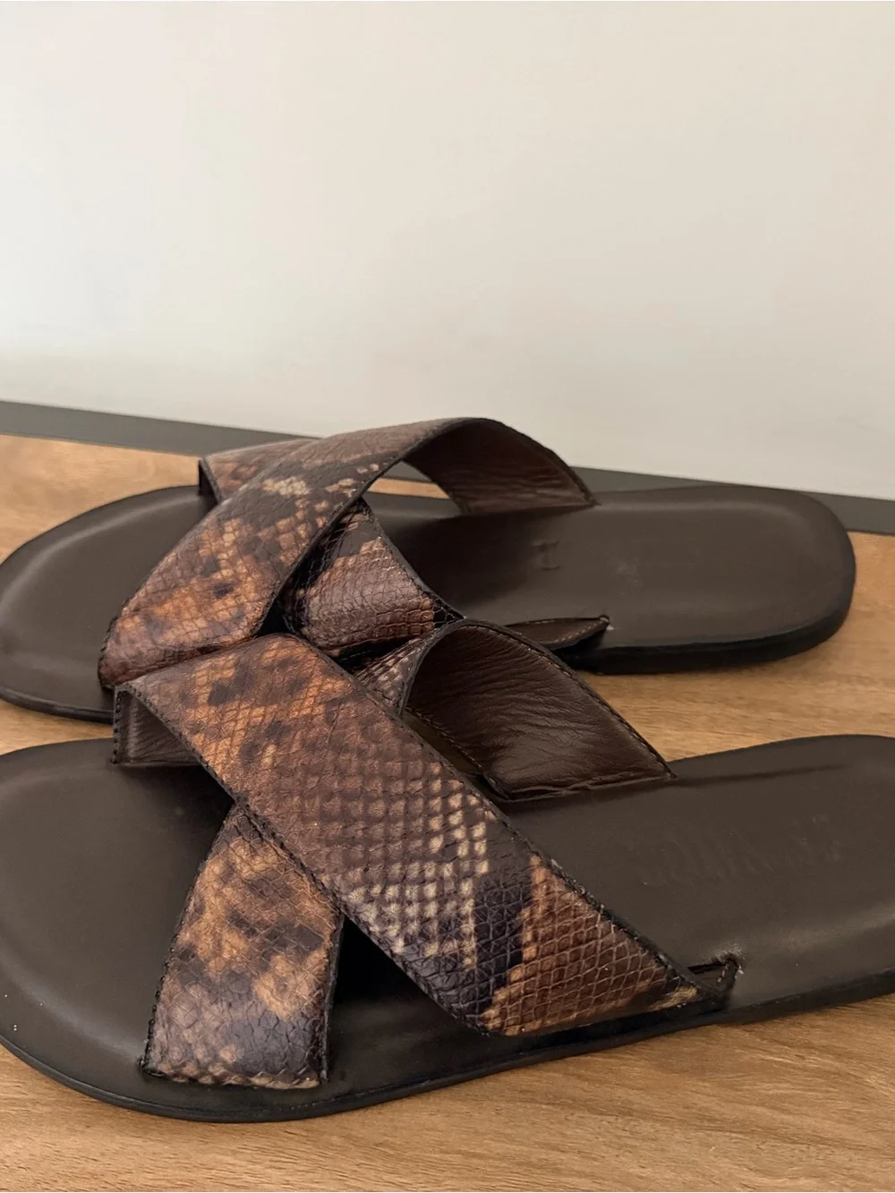 Brown Snake-Print Crisscross Slide Sandals